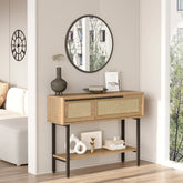 Console CYRIUS bois naturel et rotin – Vue latérale dans intérieur lumineux avec déco scandinave - lebomeuble